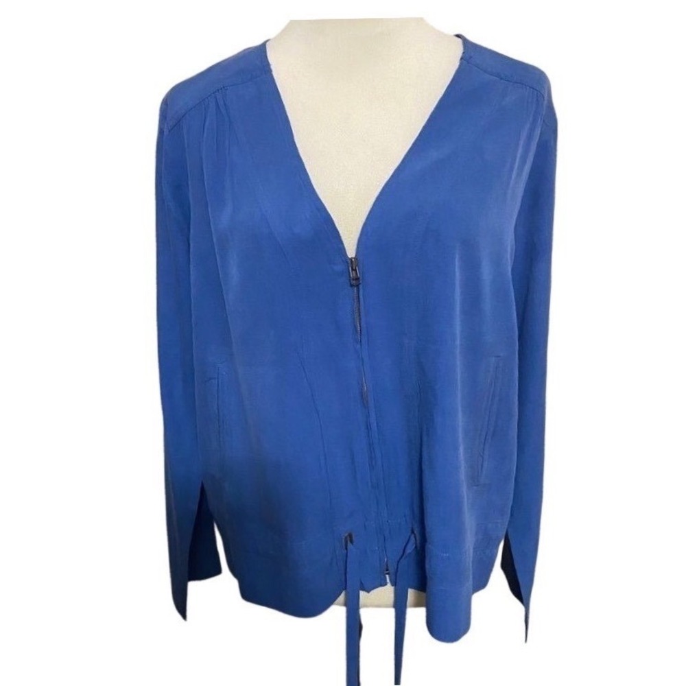 Pendleton Quiet Luxury Silk Jacket Women M Blue Zip Front Drawstring Blouse Chic